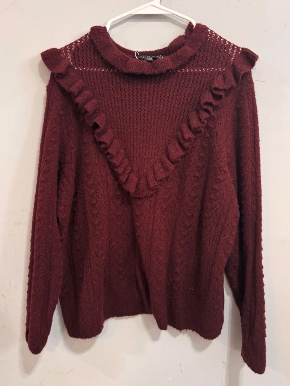 Eloquii Ruffled V-Yoke Cable Knit Sweater in Burgundy